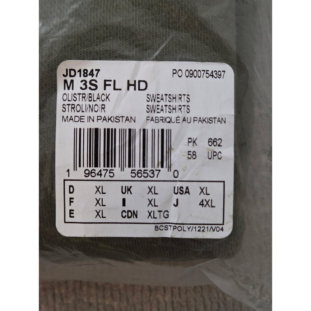 adidas Mens Essentials 3-Stripes Fleece Hoodie Olive Strata Green Black XL - Picture 4 of 5